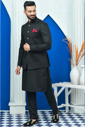 Black Diagonal Embroidered Prince Coat For Men